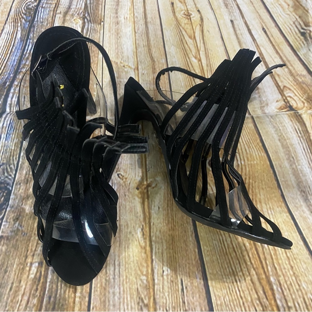 NEW Mackin J Black Leather Caged 4 1/2” Stiletto Slingback Heels
